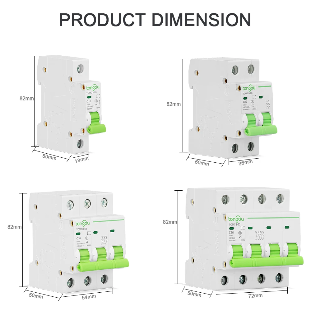 TONGOU MCB 1P 2P 3P 4P 3A 6A 10A 16A 20A 32A 40A 50 63A Curve C 220V 230V 4.5KA AC Mini Circuit Breaker TOMC3-63