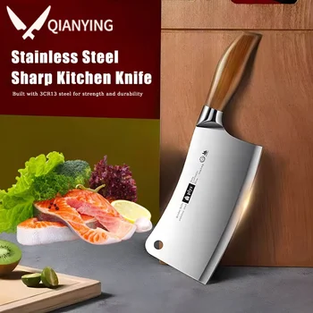 Couteau de cuisine pour couper les os, manche en imitation bois, couteau à découper épais en acier inoxydable pour boucher 1
