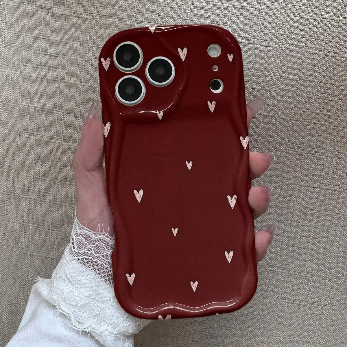 Burgundy Wine Red Heart Pattern 3D Wavy Edge Soft Phone Case Cover