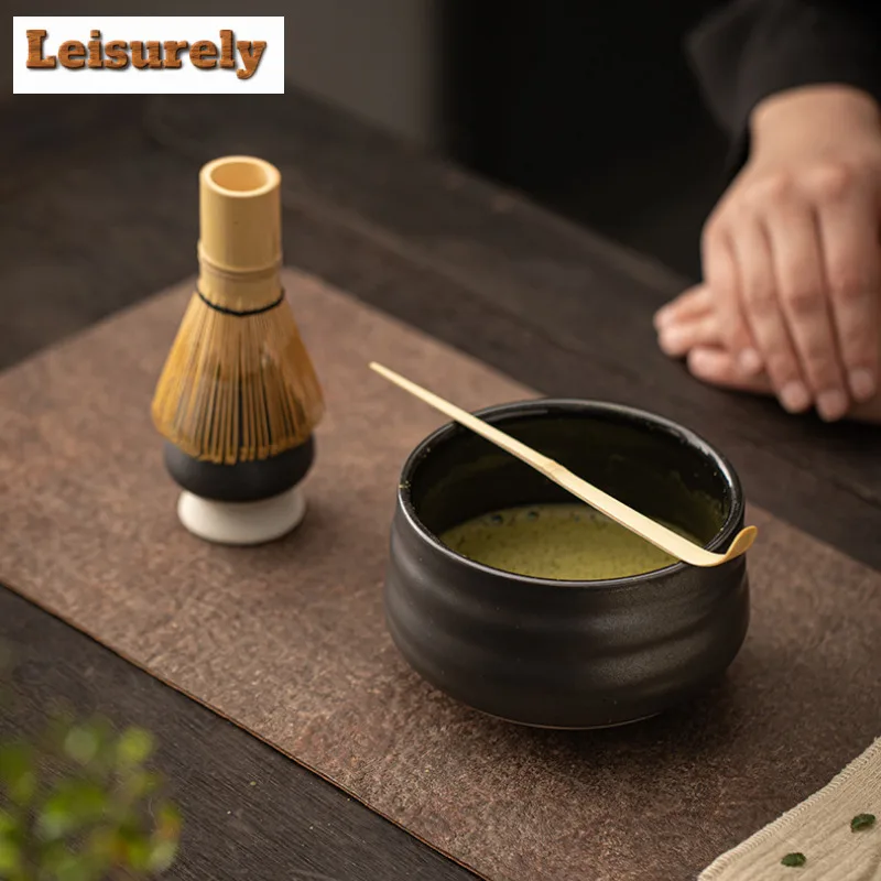 4PC Japanese Matcha Set Portable Ceramic Tea Kit Cute Cat Handmade Matcha Bowl Bamboo Whisks Brush Spoon Kitchen Gadget Gift Set