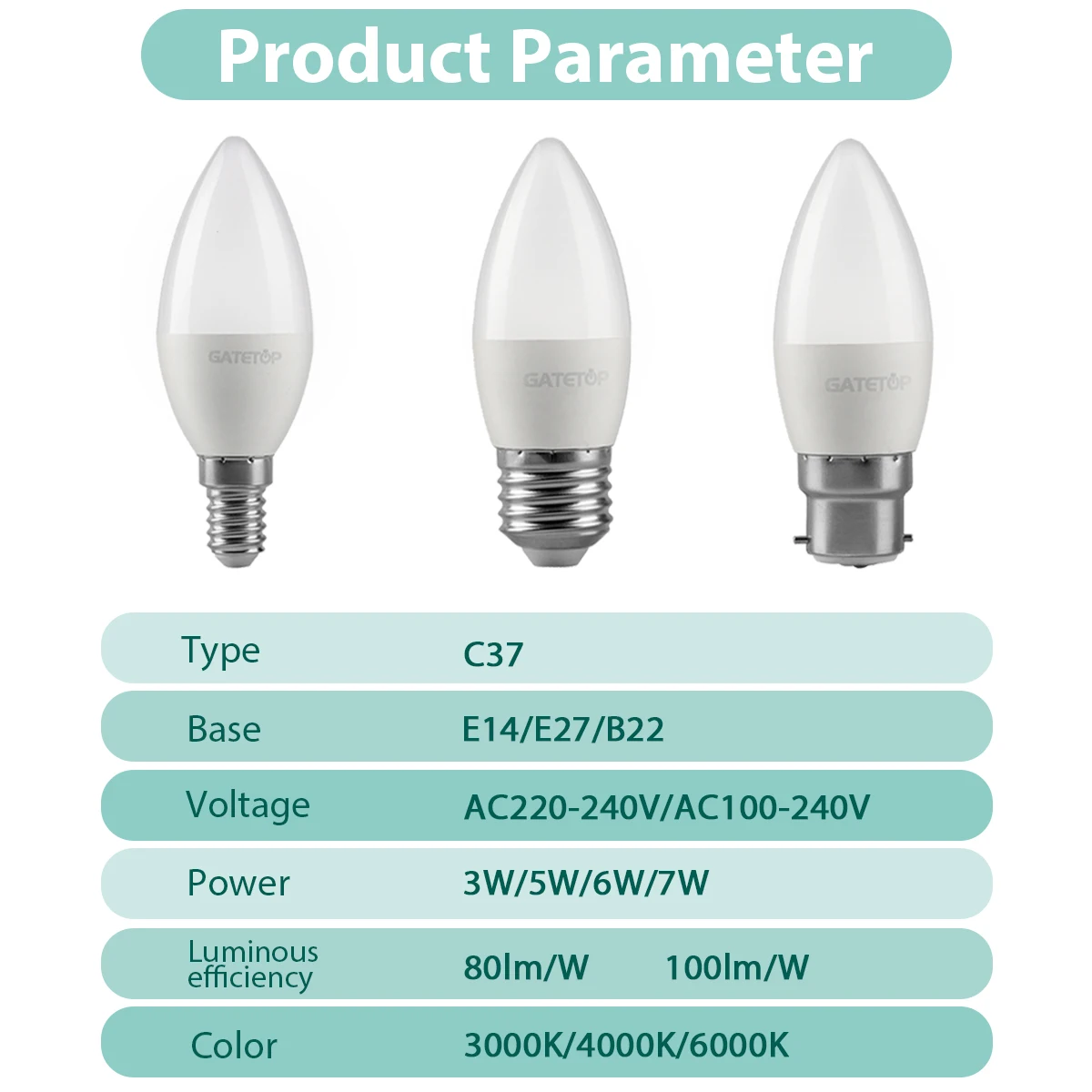 LED Bulb 8pcs E27 E14 B22 AC 220V C37 Candle Lamp Energy Saving 3000K 6000K 3W 5W 6W 7W Chandelier Light for Home Decoration