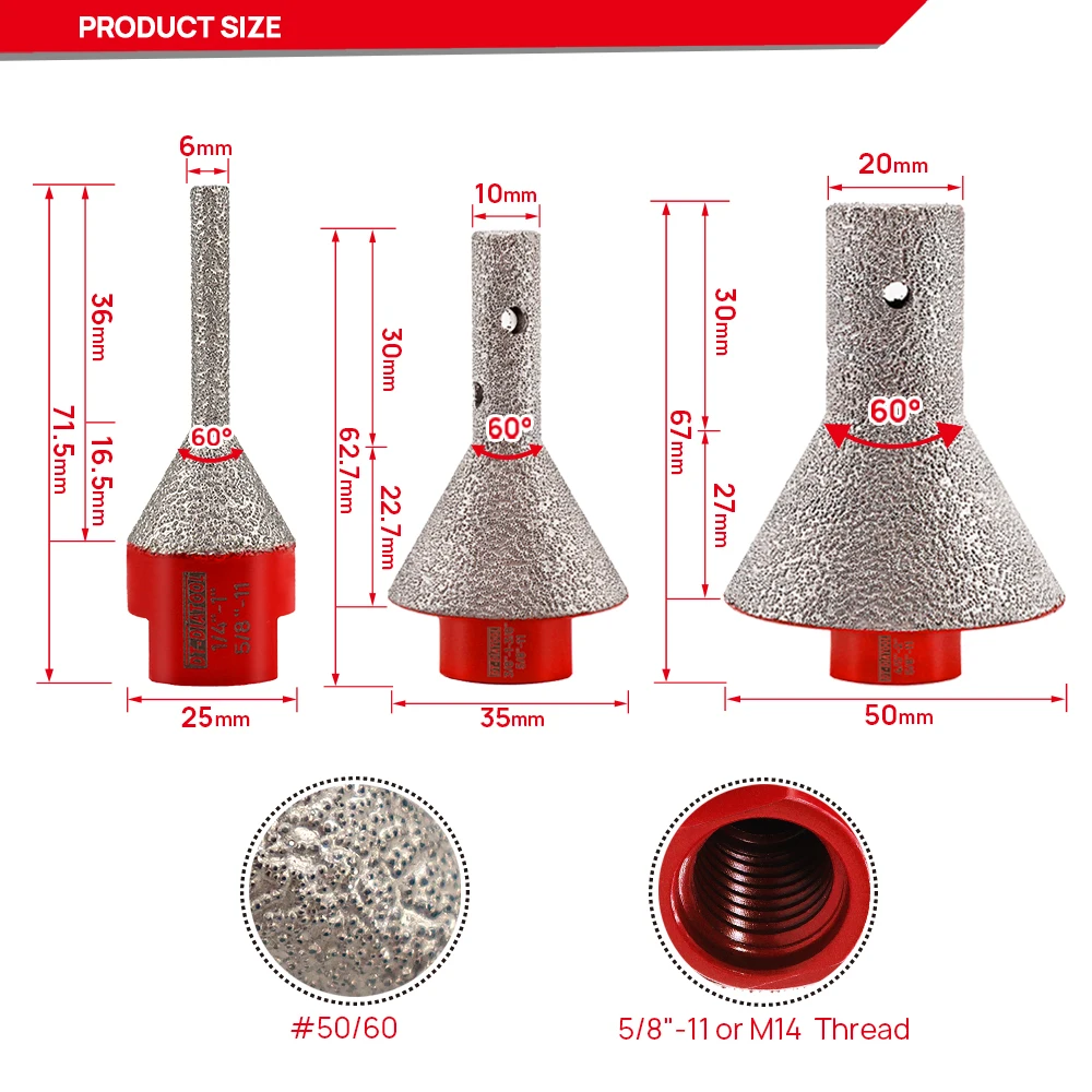 DT-Diatool 6-25/10-35/20-50mm 1pc Diamond Milling Chamfering Bit Shape Enlarge Existing Holes for Porcelain Tile Marble Granite