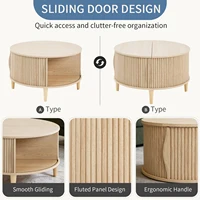 JHK 31IN Round Coffee Table with Flip-Top Storage Fluted Center Table 2-Tier Wood Desktop with Sliding Cabinet Door Living Room 4