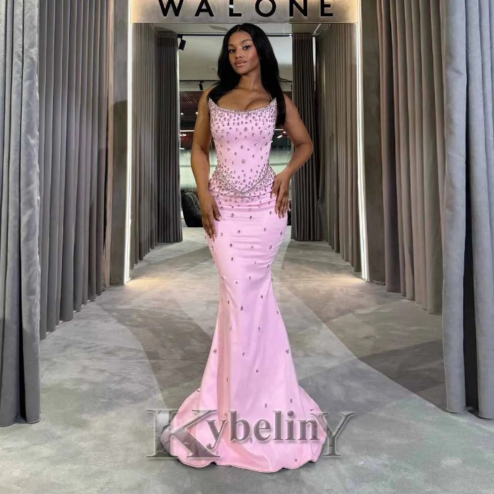 Kybeliny Fancy Evening Dresses for Women with Rhinestones Scoop Neck Sleeveless Trumpet Satin Vestidos De Fiesta Customized