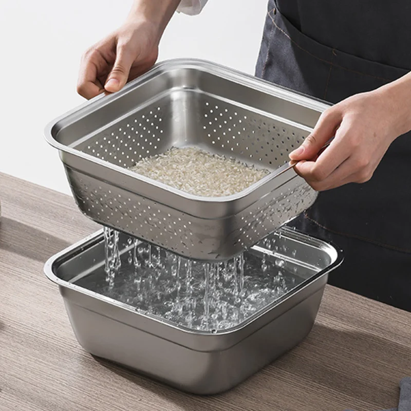 Stainless Steel Vegetable Fruit Drain Storage Tray Thicken Square Serving Salad Mixing Bowl Home Kitchen Filter Plates Container 6