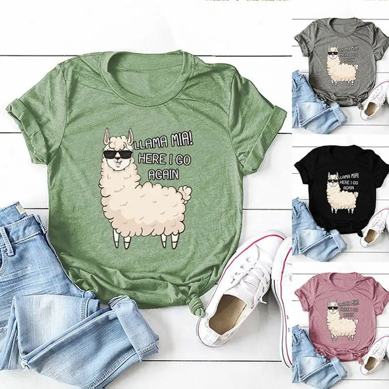 

New women's cute casual T-shirts Harajuku O-neck short-sleeved print women's little sheep LAMAMIAHEREIGO