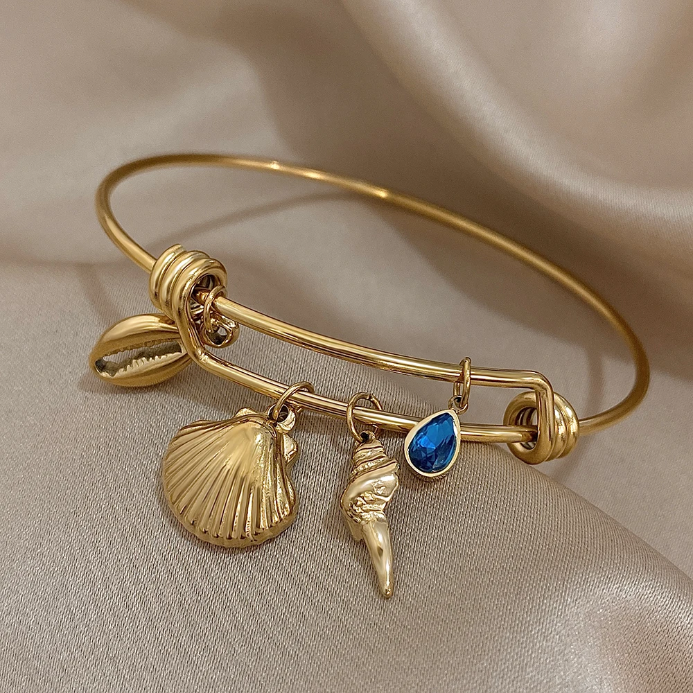 AENSOA Summer Shell Conch Charm Pendant Bangle for Women Stainless Steel Adjustable Bracelet Holiday Beach Jewelry Pulsera Mujer