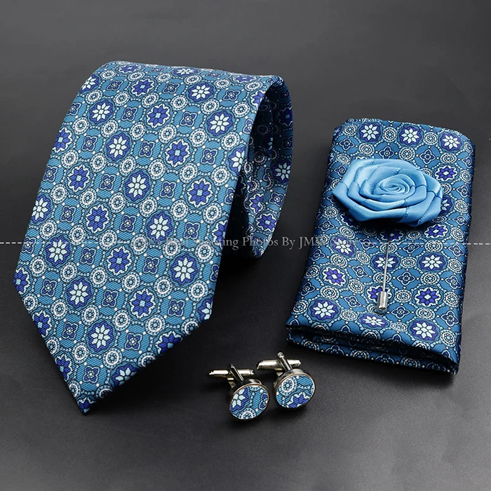 Herrenmode 7,5cm Weiche Seidenkrawatte Set mit Einstecktuch Manschettenknöpfe Boutonniere Blau Grün Orange Gepunktet Blumenmuster Krawatte für Hochzeiten – Detail 10
