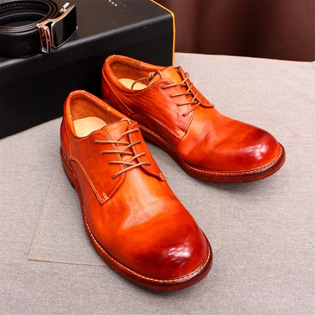 Men's Handmade Goodyear Sewn Derby Formal Shoes Soft Genuine Leather round Toe Comfortable Non-Slip Casual Shoes mens leather dress shoes
