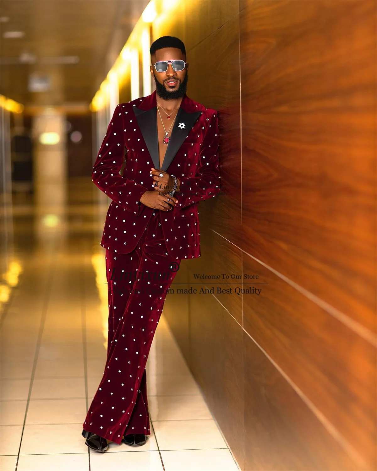 Customized Velvet Men Suits Luxury Beaded Crystals Wedding Groom Tuxedos Slim Fit Male Prom Blazer 2 Pieces Sets Costume Homme 2
