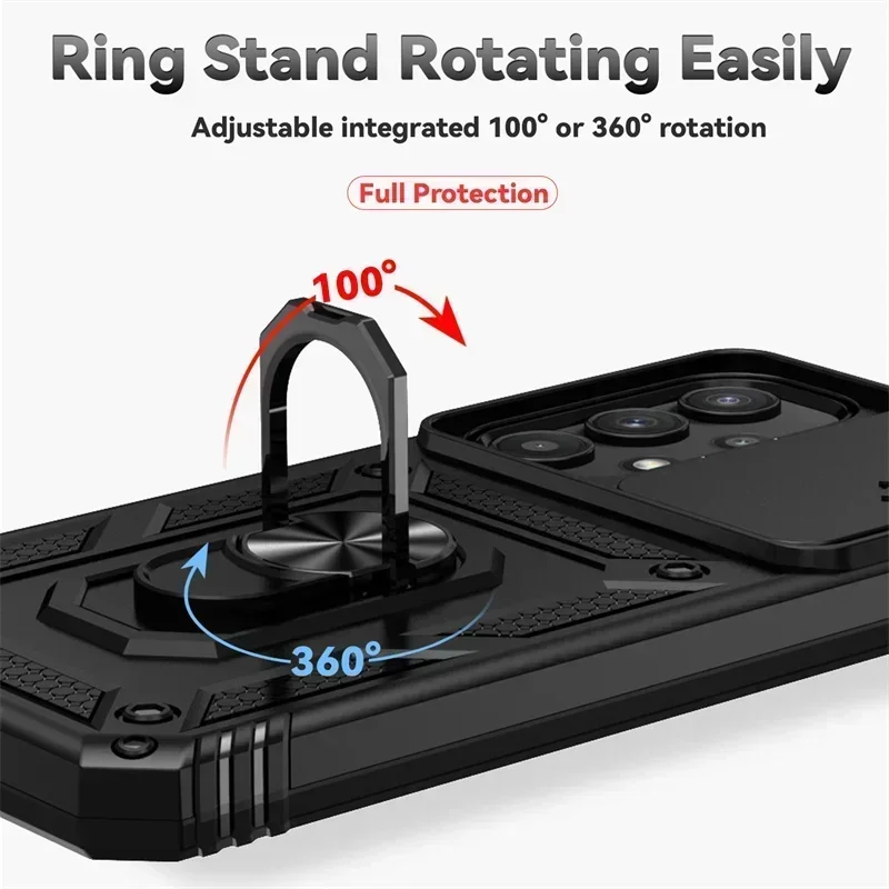 Military Grade Shockproof Phone Case with Slide Camera Lens Cover & Holder Ring Stand