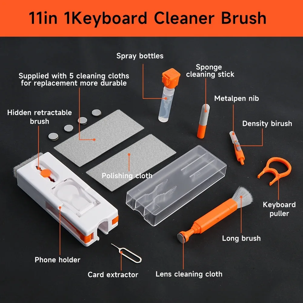 11-in-1 Computer Cleaning Kit Bluetooth Earphone Cleaner Pen Keyborad Camera Brush Sim Card Ejector Keycap Puller Phone Holder 6