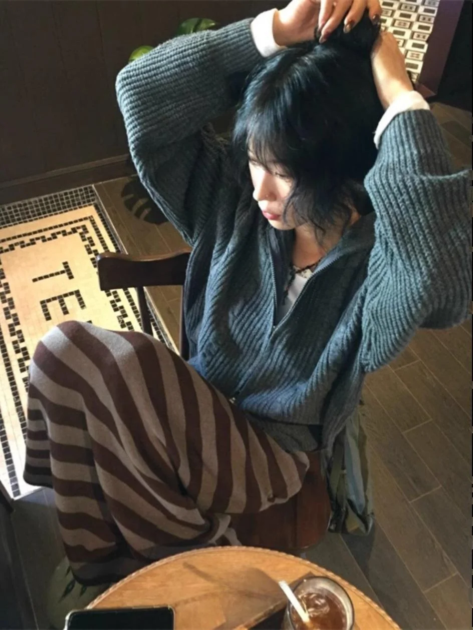 Comfortable Casual Striped Color Blo Long f Skirt with Dstring Lazy mat Brown High Waist A-Line Skirt