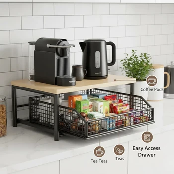 Scaffale Moderno da Scrivania, Organizzatore Salvaspazio in Legno e Metallo per Ufficio, Cestello Estraibile in Rete per Cialde di Caffè, Tè