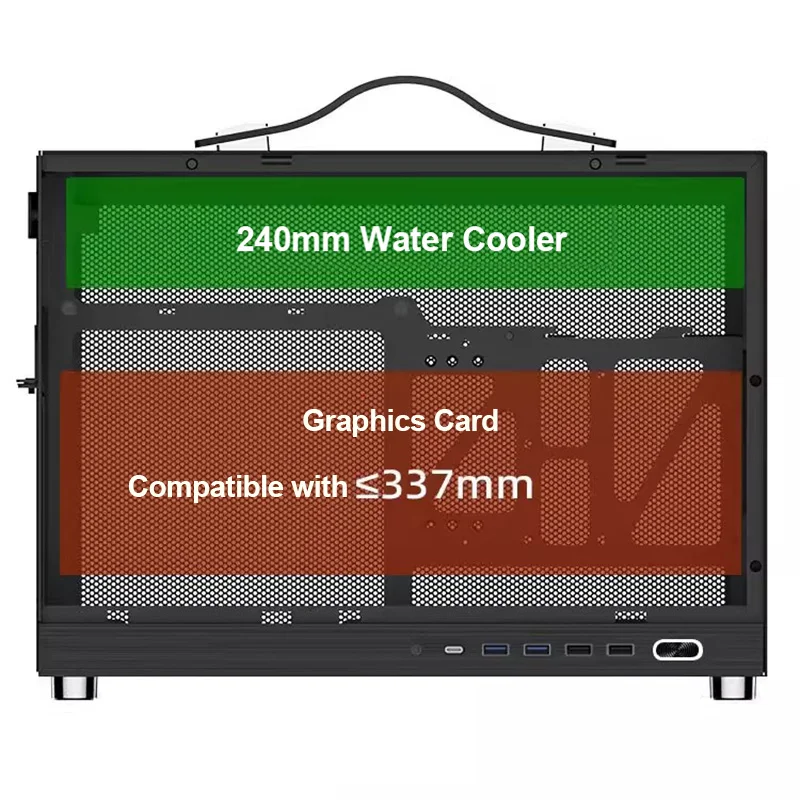 ITX 케이스 휴대용 미니 ITX 섀시 240mm 라디에이터 수냉식 337mm GPU PCIe 3 슬롯 핸들 야외 출장 여행용