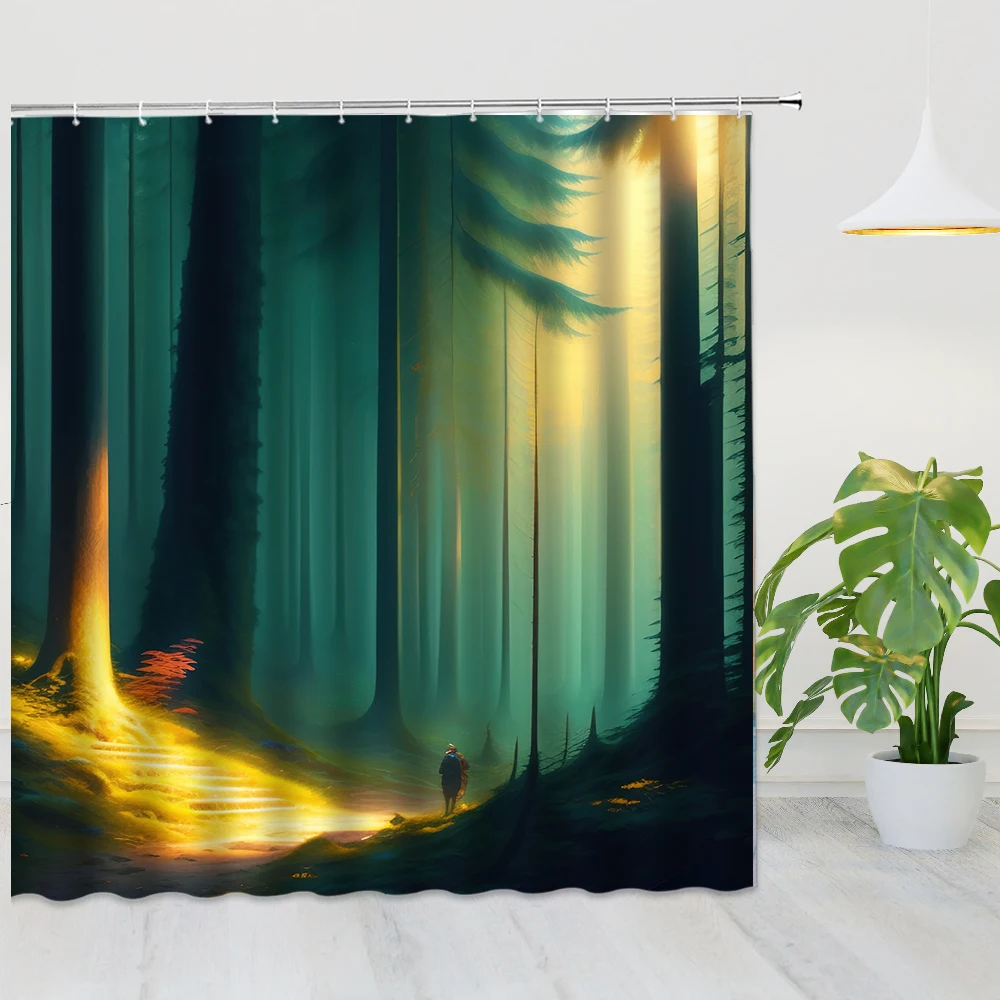 

Fantasy Fog Forest Shower Curtain Tropical Trees Watercolor Jungle Sunshin Landscape Home Bathroom Decor Waterproof Bath Screen