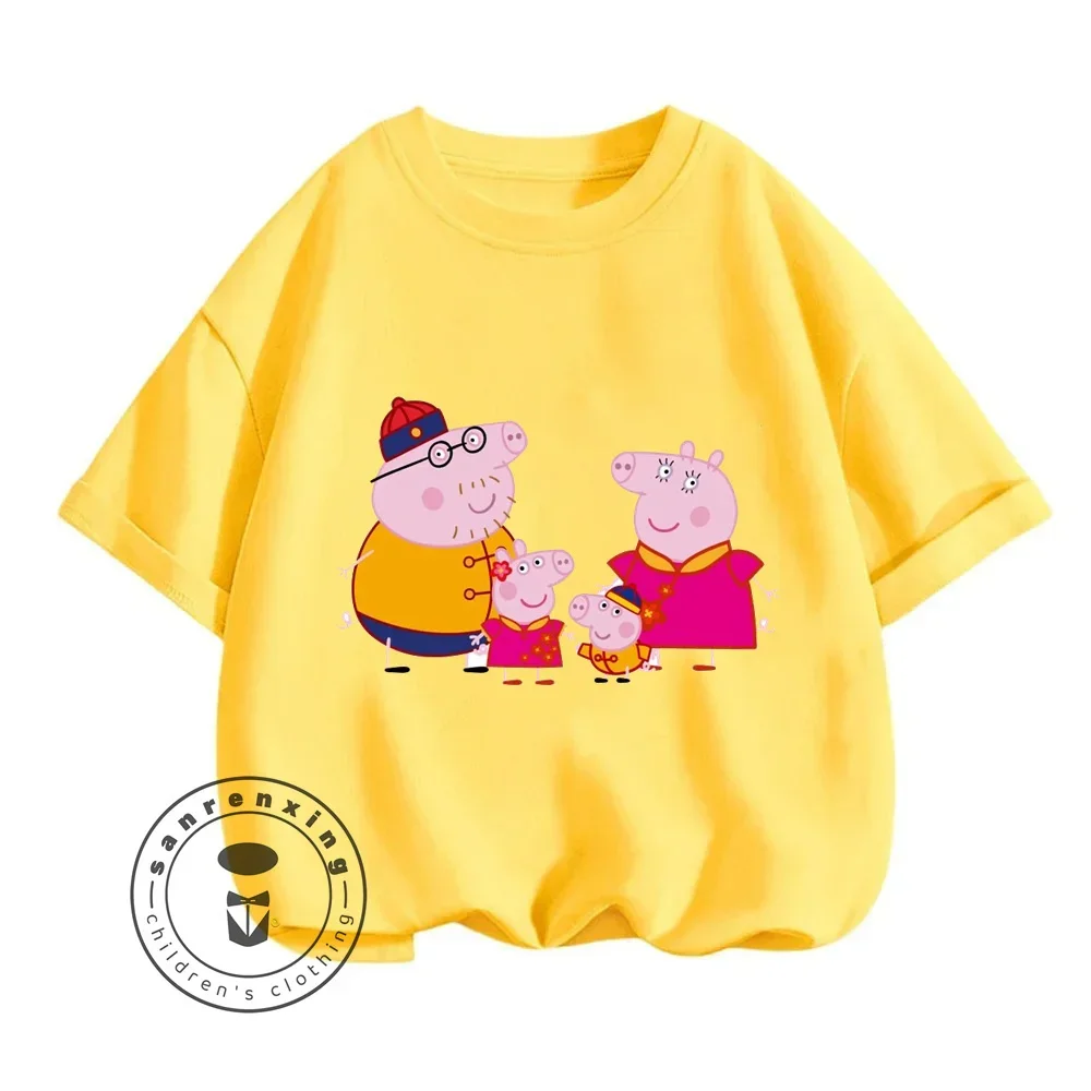 2024 Children Summer Peppa Pig Animated Cartoon Character Print Design O-neck Loose Version Type and Sporty Short Sleeve T-shirt 4