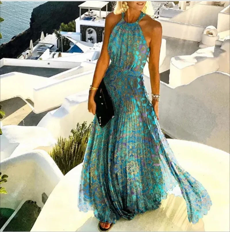 

Cutubly Spring Going Out Dresses For Women Club Sexy Printed Pleated Large Swing Dress Casual Halter Backless Sleeveless Skirt