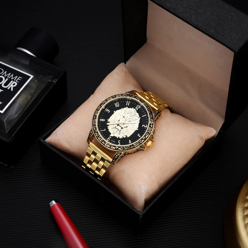 new Gold Skull Lion Tiger Men luxury business Military Quartz watch golden stainless steel band men watches male clock Relogio