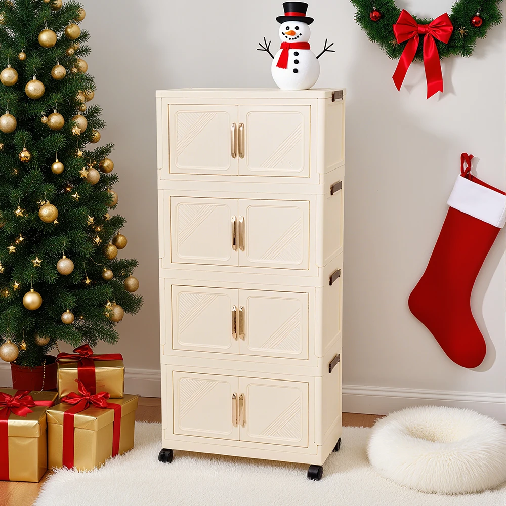 Voltsify Foldable 4-Tier Rolling Plastic Storage Cabinet with Magnetic Doors