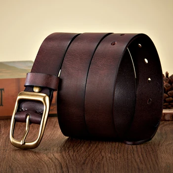 3.3CM High Quality Natural  Cowskin Genuine Leather Belt Men Casual Copper Buckle Business Male Strap For Jeans Cowboy Cintos 1