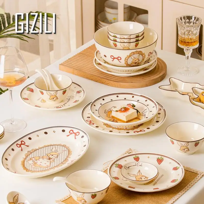 Retro Rabbit Ceramics Plate Kitchen Dishes Dinner Plate Household Combination Dinnerware Bowl Bowl Kitchen Supplies ﻿