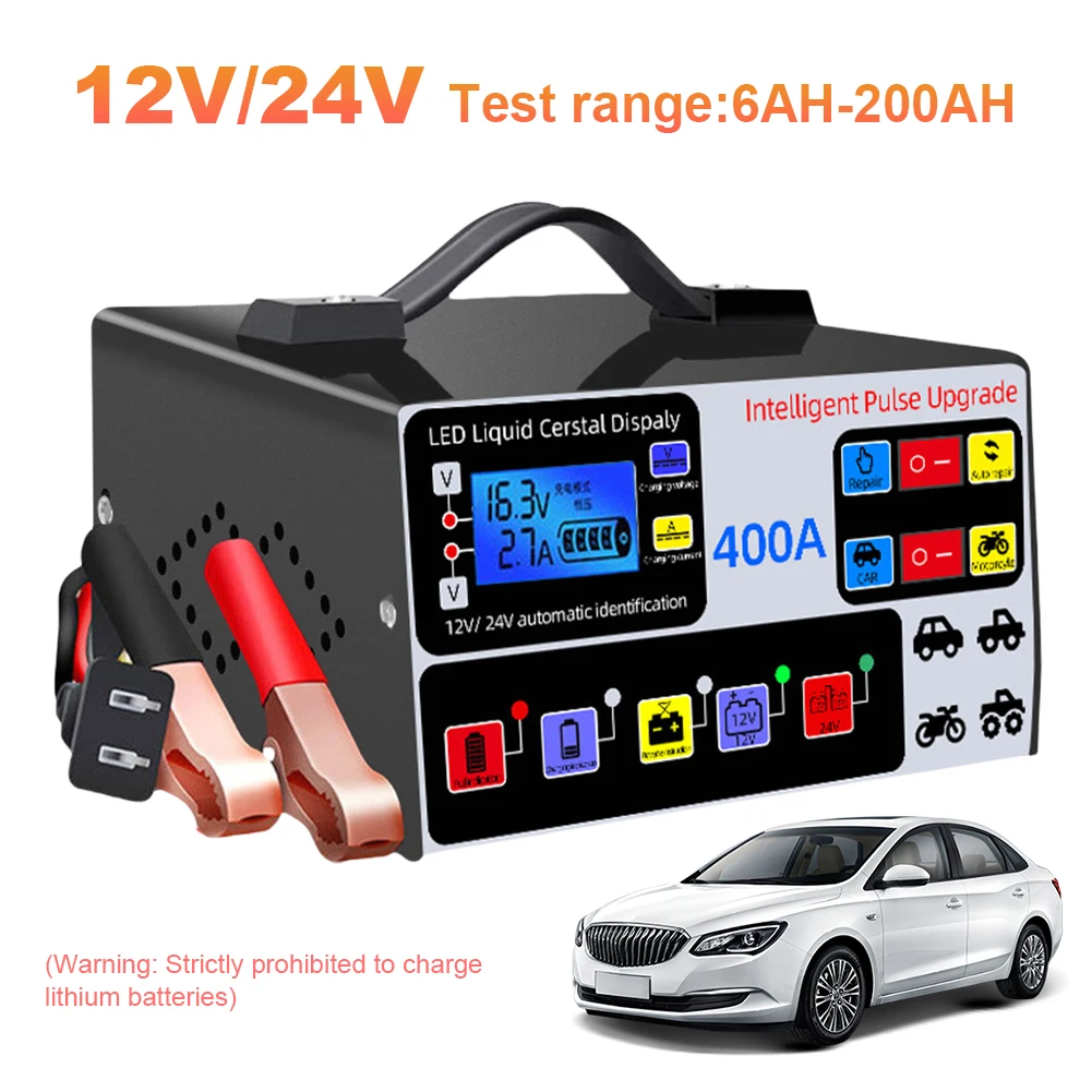 400A Heavy Duty Smart Battery Charger LCD Display Car Battery Charger 12/24V Intelligent Pulse Repair Charger High Power