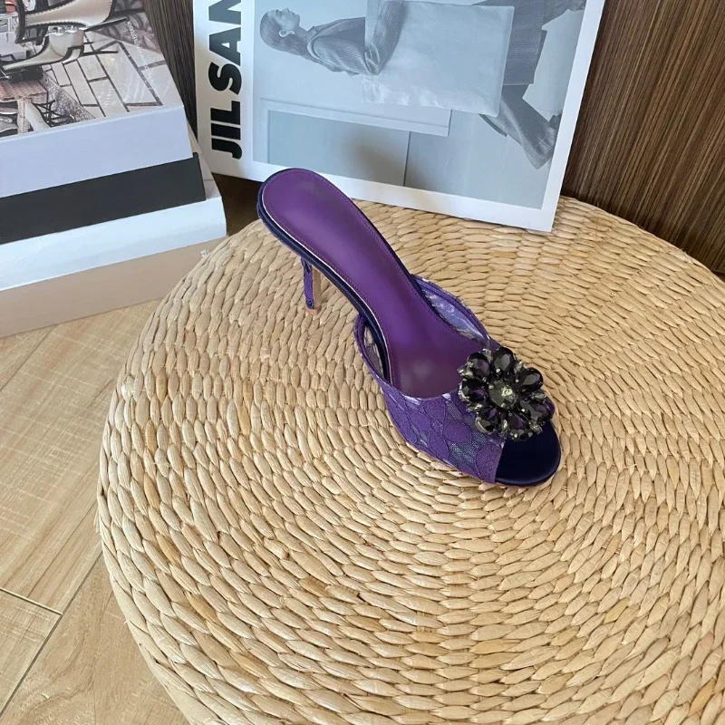 2023 Lace Round Toe High Heels Mesh Breathable Rhinestone Thin Heel Women's Sandals 6CM Wedding Shoes