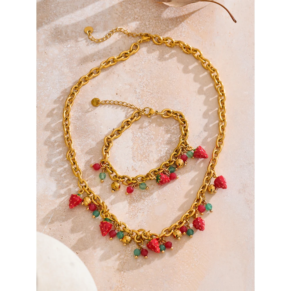 Yhpup Trendy Stainless Steel Red Enamel Stone Strawberry Drop