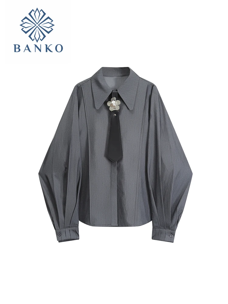 

Women American Retro Shirts Turn-Down Collar Autumn 2023 Elegant Office Lady Casual Blouses Patchwork Streetwear High Street BF