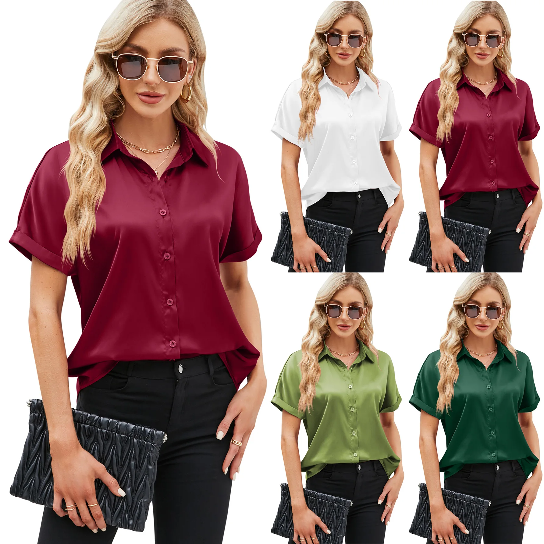 

European and American women's fashion solid color satin short sleeved casual women's shirt women tops shirt
