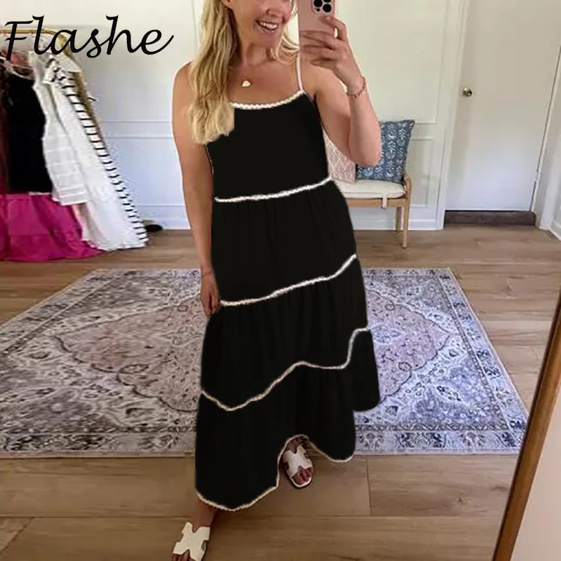 여성용 콘트라스트 웨이브 스트랩 홀리데이 원피스, 우아한 맥시 드레스, 캐주얼 휴가, 느슨한 파티, 긴 드레스 