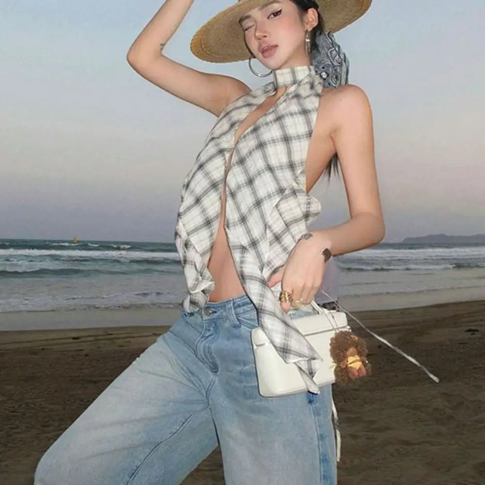 Fashion Grid Halter Sleeveless Camisole Irregular Sweet Slim Crop Tops Split Spicy Girl Suspender Vest Spring Summer