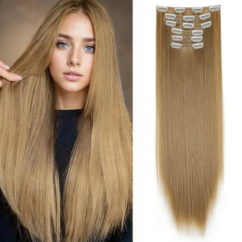 Hair Extensions 6Pcs/Set 16 Clips Synthetic 24Inch Hair Extension Black Blonde Long Straight Hairpiece Heat Resistant Fiber For Women Hairstyle