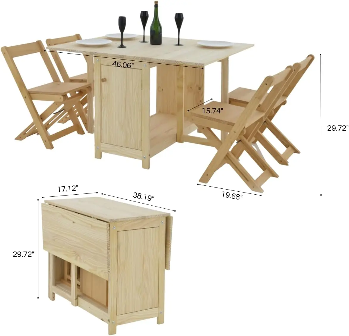 Solid, Natural, Unfinished Wood Folding Dining Table &Chair Set - Drop Leaf Design - Space-Saving Kitchen Table Set with Storage