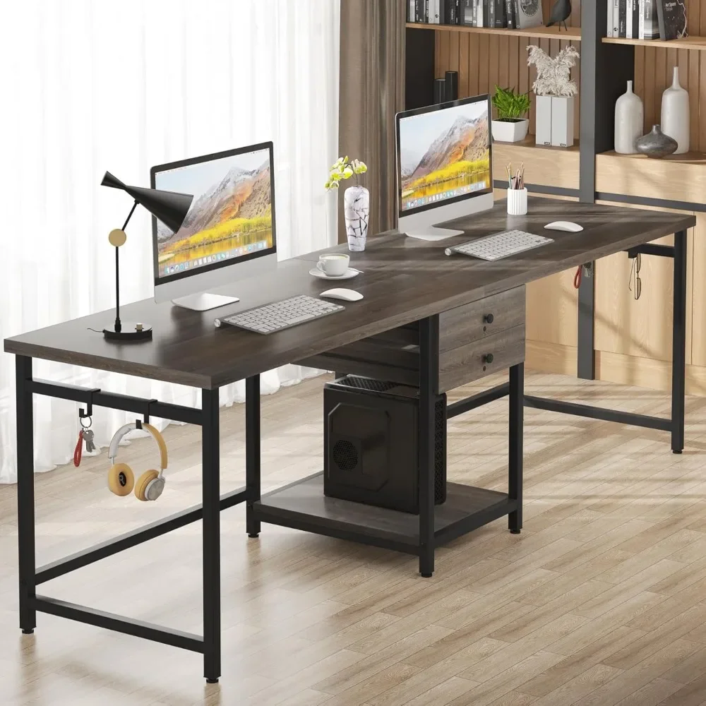 New2025-79 Inch Extra Long Desk, Two Person Desk with 2 Drawers, Double Computer Table with Storage Shelves, Writing Table for H