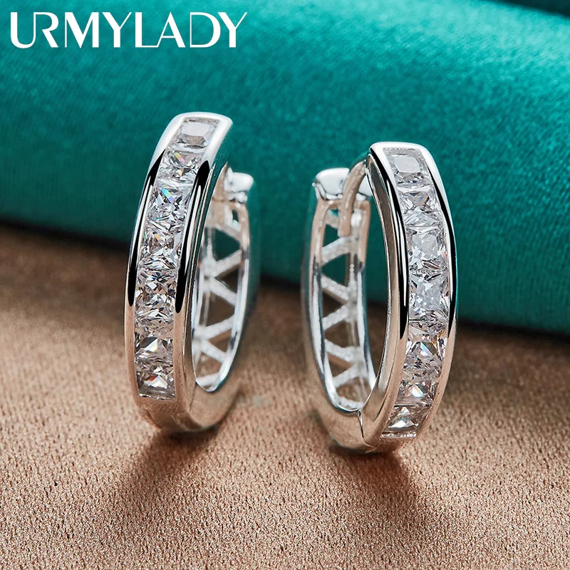 URMYLADY 925 Sterling Silver Round Zircon Earrings For Women Wedding Party Fashion Charm Jewelry