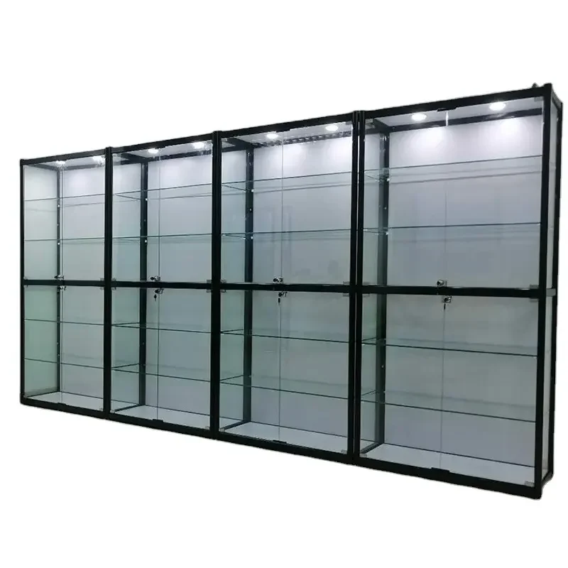 

4 pieces，Full Wall Glass Display Cabinet Removable Glass Shelves Showcase with Led Lighting for Smoke Shop