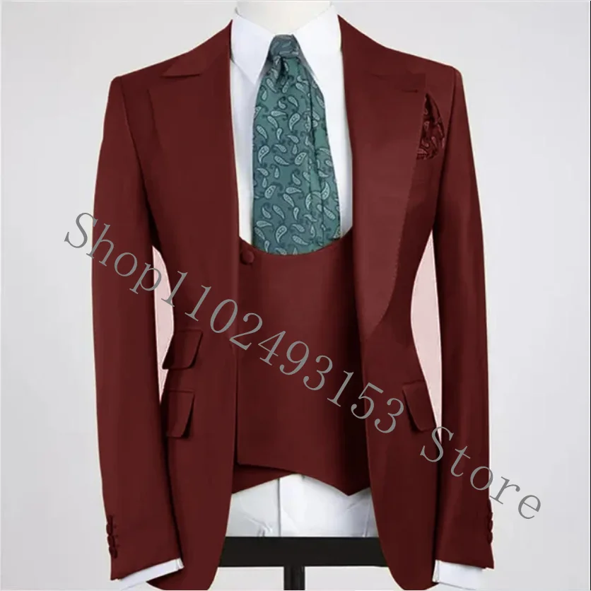 Burgundy 3 Pieces Men Suits Formal Elegant Groomsmen Bridegroom Wedding Tuxedos Groom Wear Blazer+Vest+Pants Trajes De Hombre