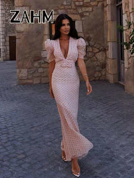 Sexy Patchwork Print Women Dress Slim V-neck Short Puff Sleeve Hip Package Female Dresses 2026 Spring Summer Urban Lady Robe New 1