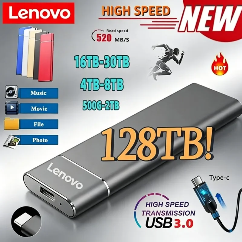 레노버 SSD 미니 휴대용 SSD 256TB 1TB 2TB 고속 오리지널 SSD 대용량 저장장치 USB3.0 컴퓨터 노트북용 외장 하드 드라이브