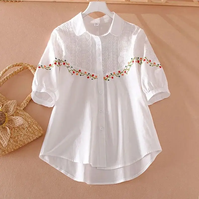 

Cotton Embroidered Women's White Shirt Summer New Ethnic Style Loose Versatile Combination Fashion Polo Neck Short Sleeve Shirt