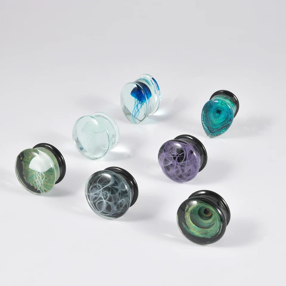 Ocean Jellyfish Glass Double Flared Ear Plugs / Tunnels - Blue Glass Stretching Jewelry For Gauged Ears