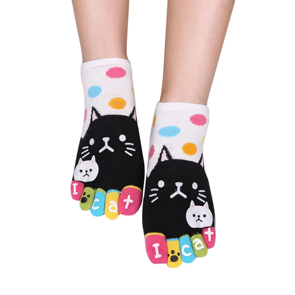 Women Socks Harajuku Letter Cute Cats Patchwork Dot Cotton Kawaii Funny Five Finger Socks For Girls Chrismas Gift Toe Calcetines
