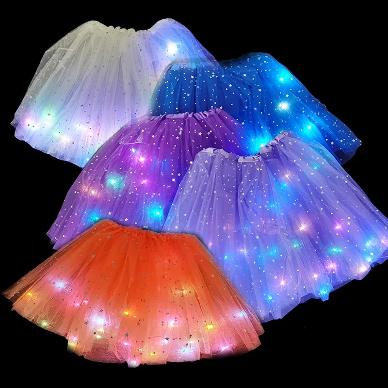 

LED Glowing Light Up Girls Tulle Skirt Summer Neon LED Short Tutu Dance Ballet Dancewear for Adult Kids Birthday Gifts