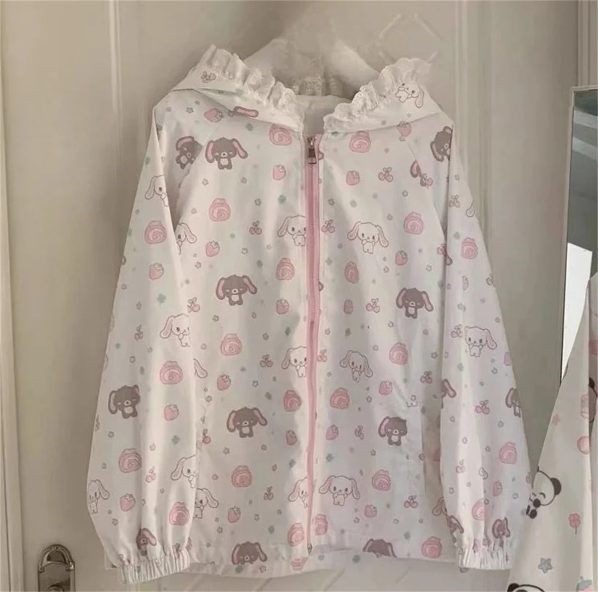 Japanische Kawaii Cartoon-Katzen-Print-Jacken Y2k Ästhetische Lässige Sonnenschutz-Reißverschluss-Damenoberteile Grunge Patchwork Kapuzenmäntel