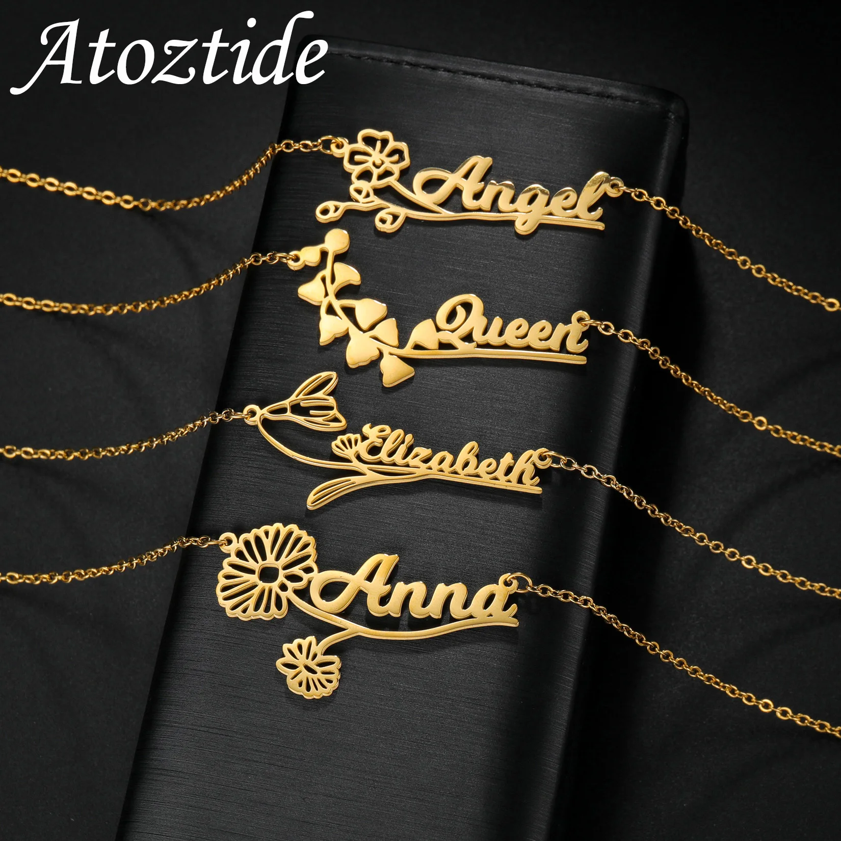 

Atoztide Personalized Custom Name Necklace Stainless Steel Month Flower Nameplate Choker Pendant Chain Birthday Jewelry Gifts