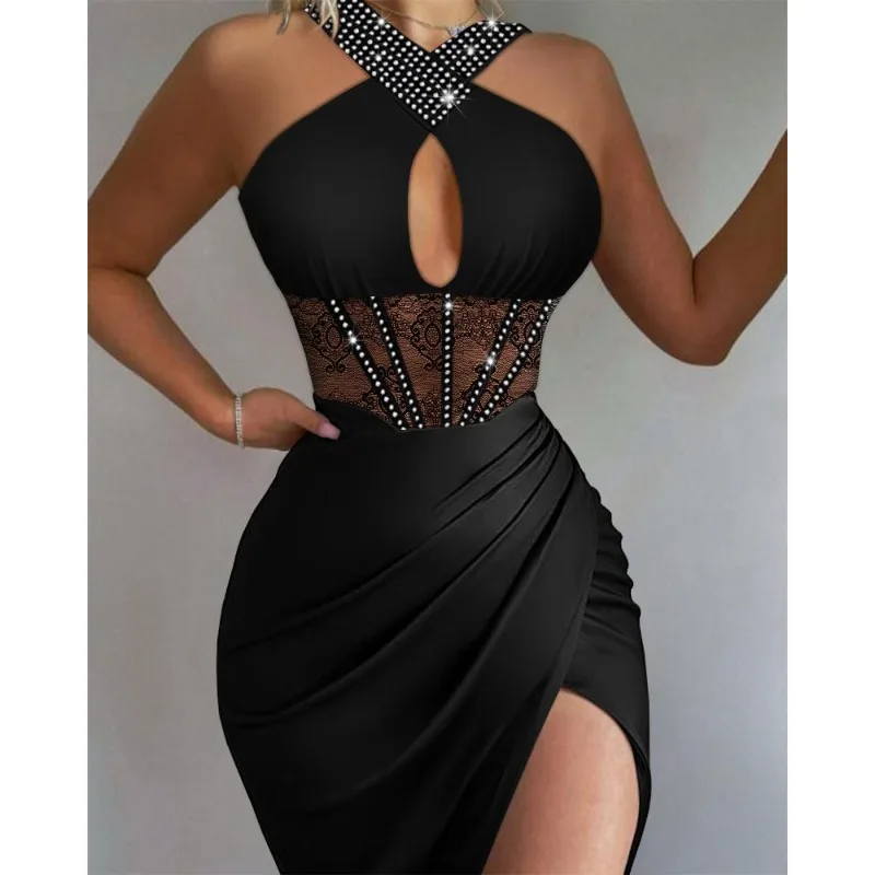 

Delicacy New Arrival Spring Summer Design Version Sexy Women's Clothing Dress Black Rhinestone Satin Stitching Lace Girdle Ti