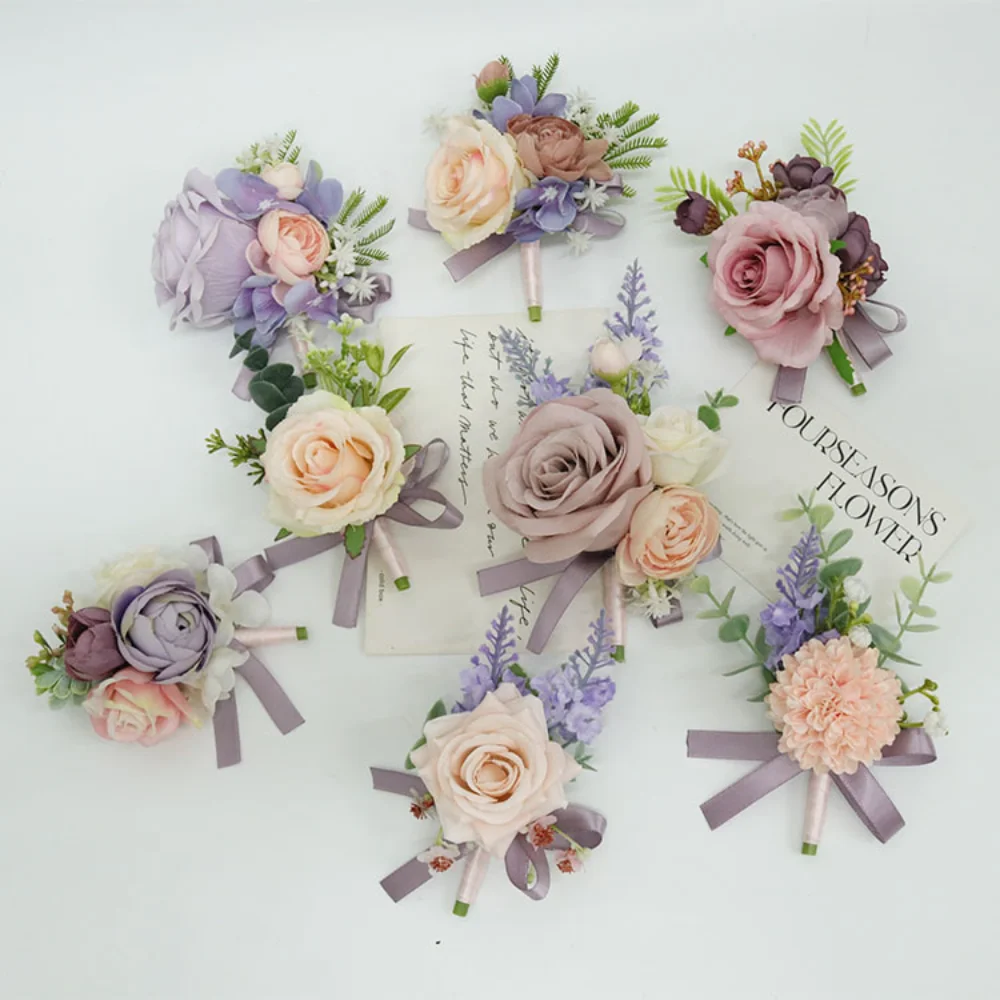 Purple and Lilac Boutonniere for Wedding Silk Roses Corsage Wrist Bridesmaid Bracelet Flowers Groom boutonnière homme mariage