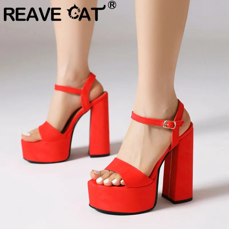 

REAVE CAT Sexy Women Sandals Open Toe Flock Ultrahigh Heel 14cm Platform 5cm Big Size 41 42 43 Buckle Strap Fashion Dating Shoes